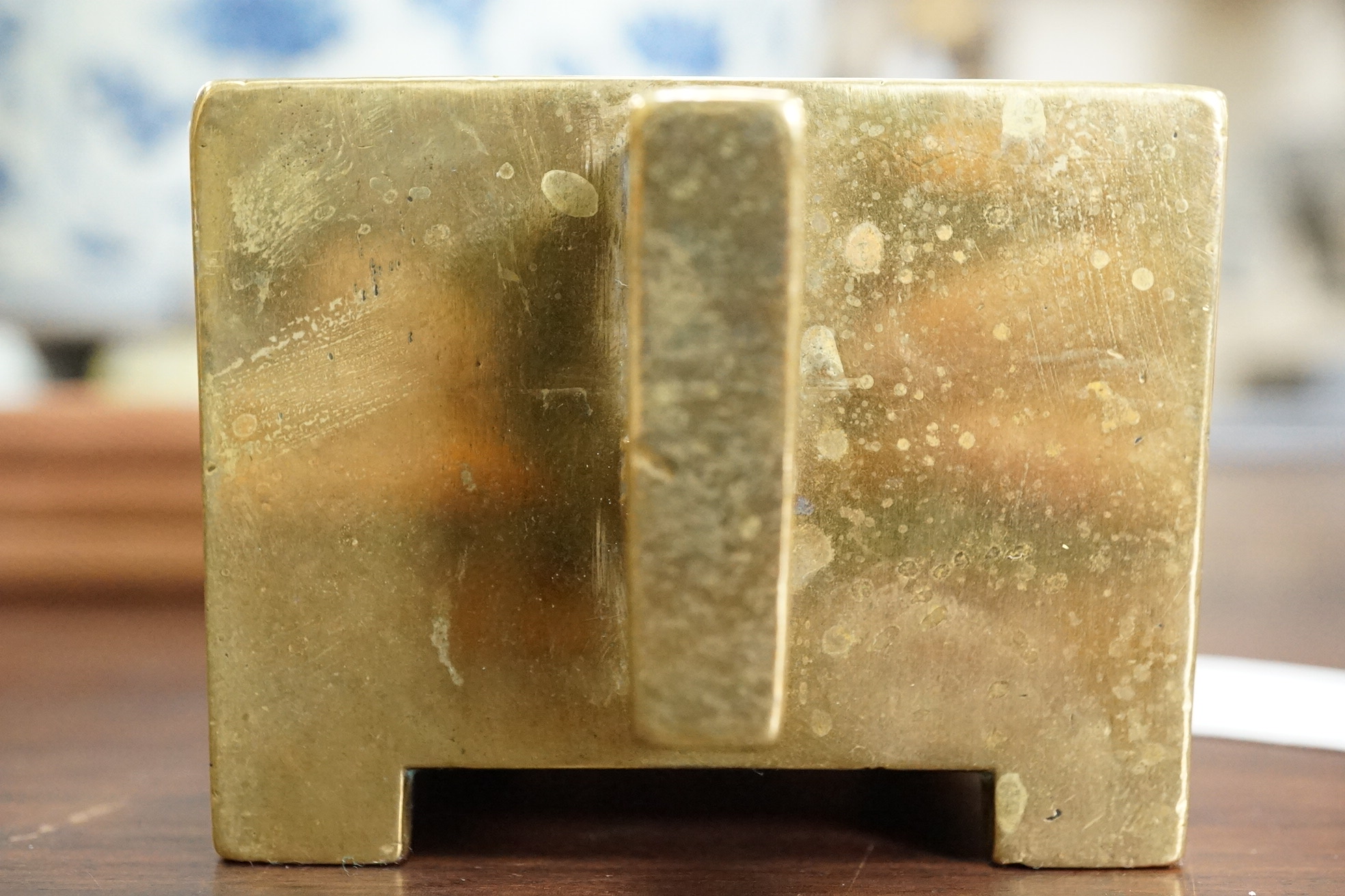 A Chinese bronze rectangular censer, fangding, Xuande mark, 18th century